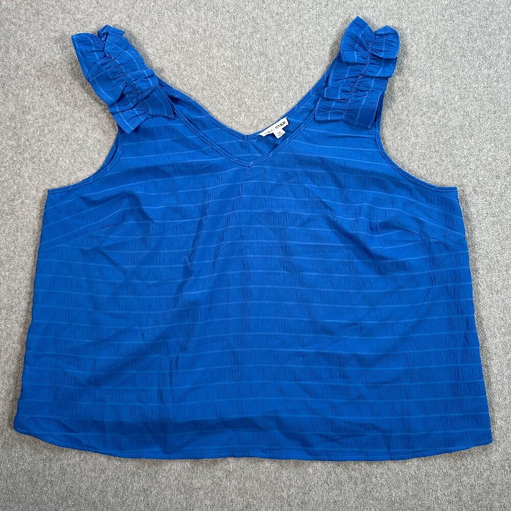 Lily Star Ruffle Shoulder Tank Top Plus Size 3X Blue Stripe V-Neck